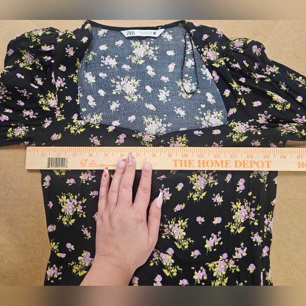 00107 Zara Floral Print Lavender Rose Mini Black Purple Long Sleeve Dress Medium - Picture 11 of 15